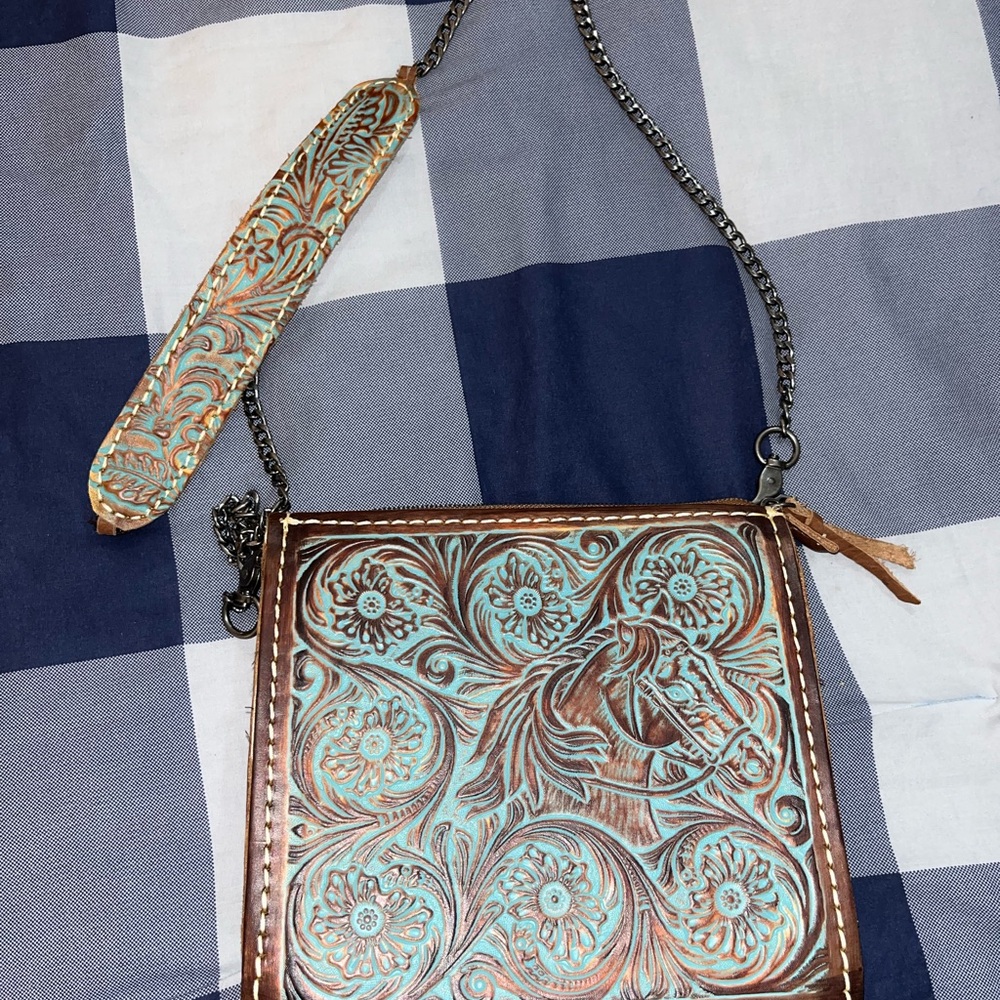 Patricia Nash Leather Crossbody Bag Brown and Turquoise Embossed